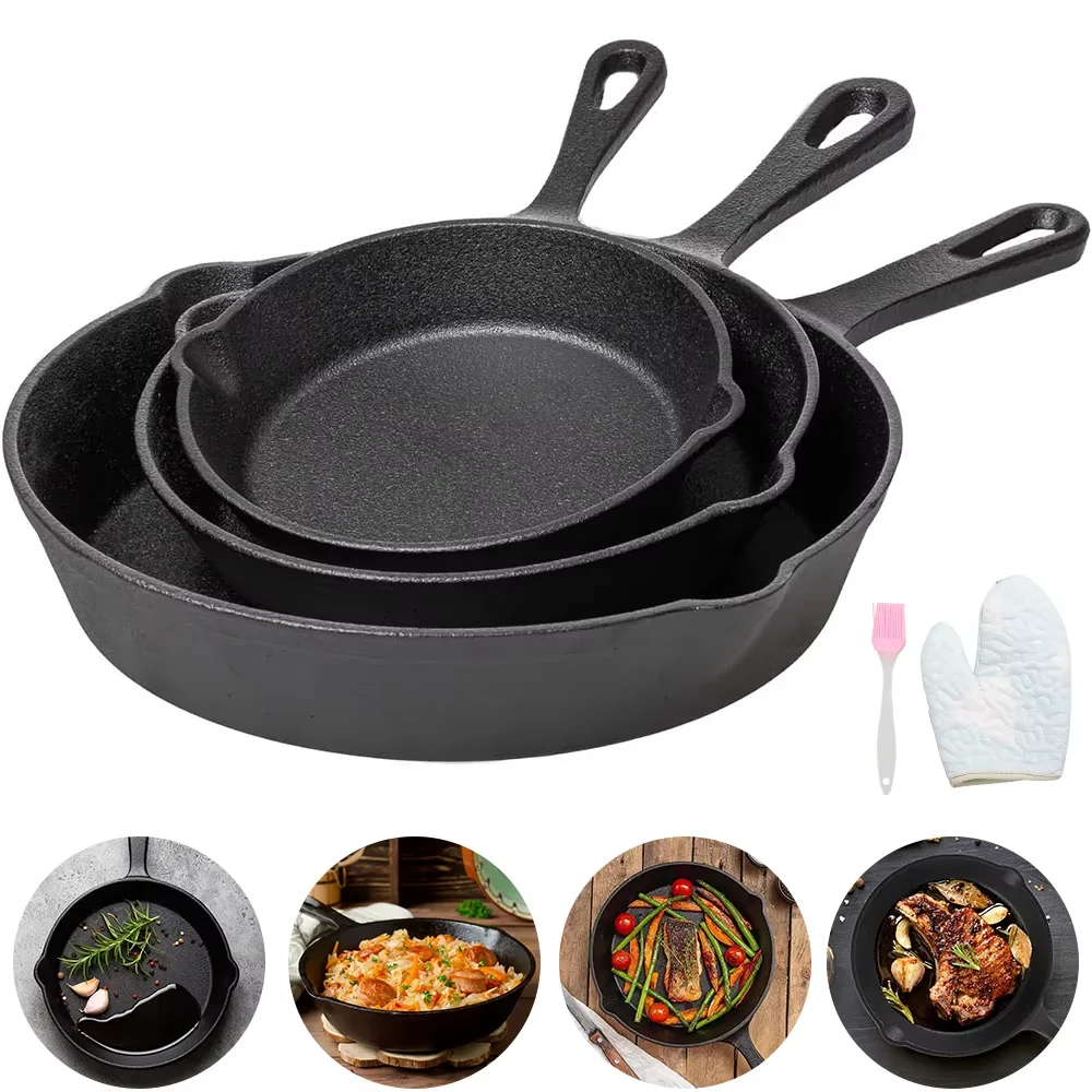 3PCS Pre-Seasoned Cast Iron Skillet Frying Pan Set 16/20/26cm with Brush & Gloves - Image 4