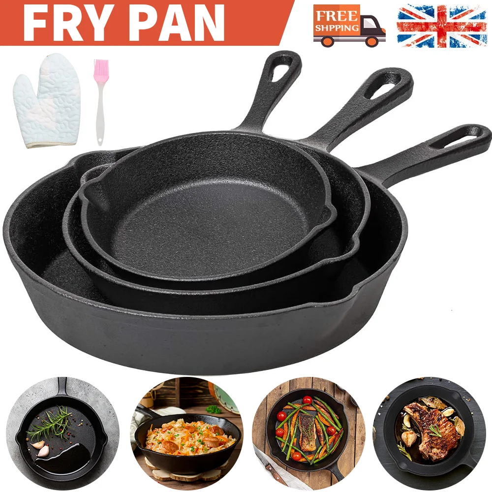 3PCS Pre-Seasoned Cast Iron Skillet Frying Pan Set 16/20/26cm with Brush & Gloves