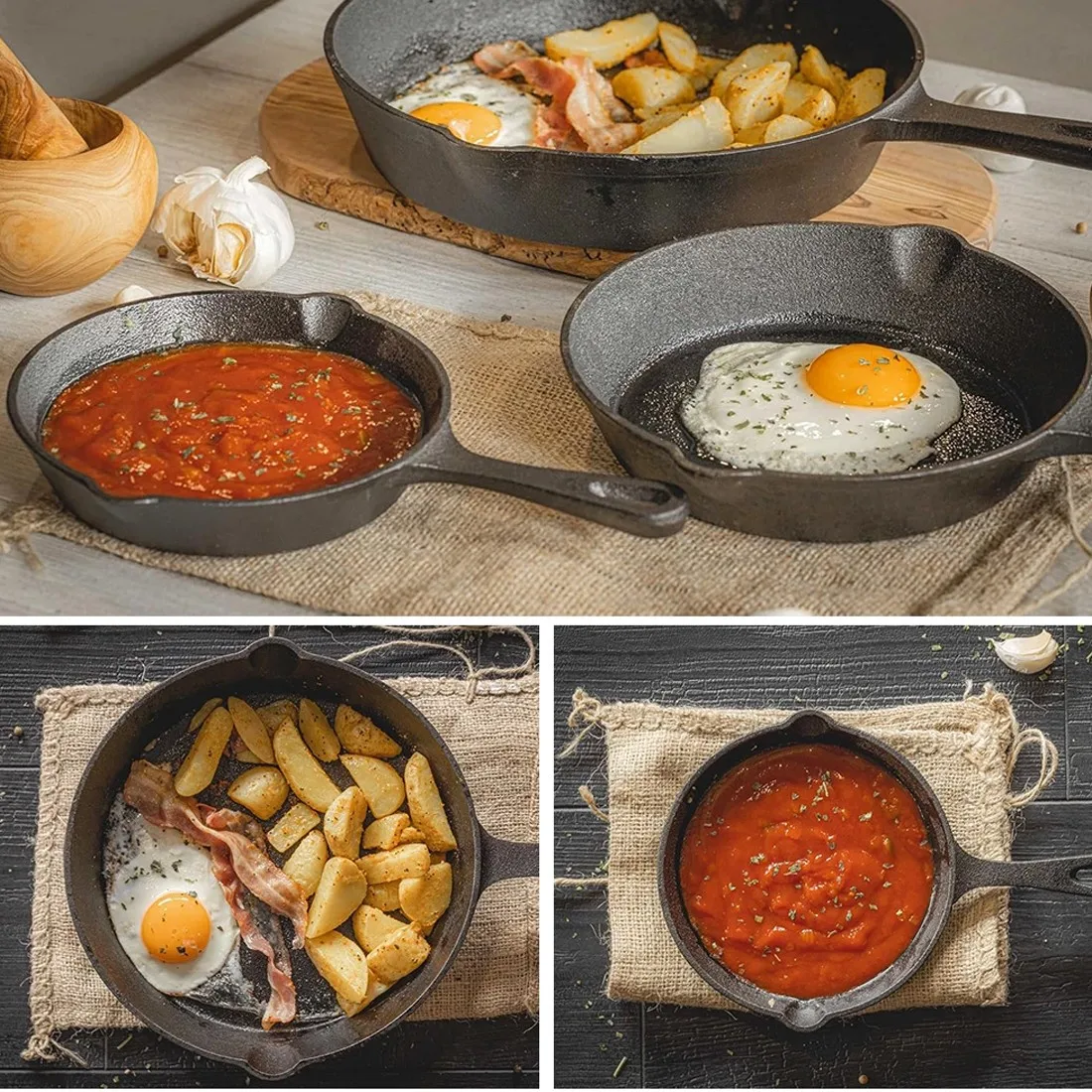 3PCS Pre-Seasoned Cast Iron Skillet Frying Pan Set 16/20/26cm with Brush & Gloves - Image 3
