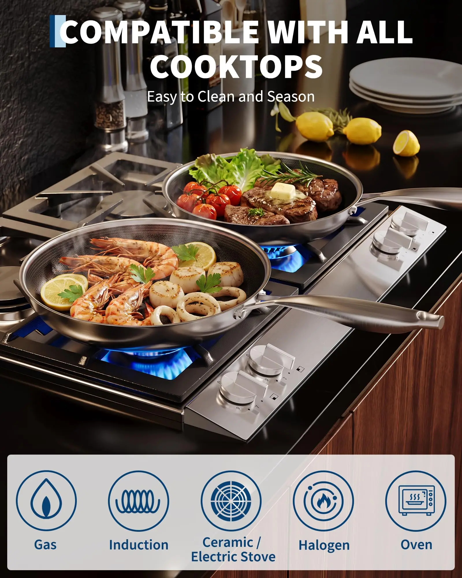 Titanium Frying Pan Set 3 Piece With Lids Tri Ply Clad Non Stick Cookware 20 26 28cm Induction Compatible Oven And Dishwasher Safe - Image 4