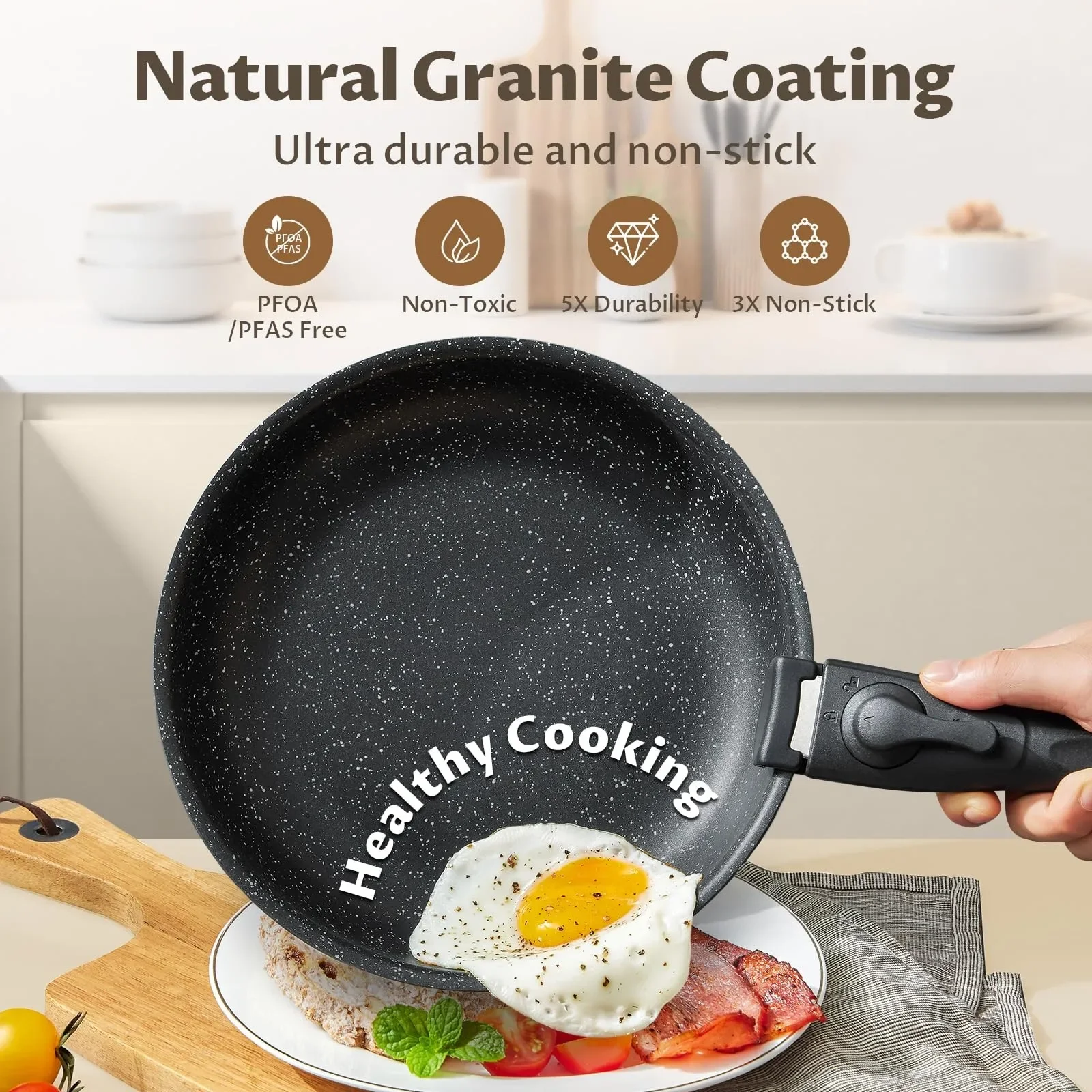 4-Piece Non-Stick Frying Pan Set with Detachable Handle, Black Cookware Set - Image 6
