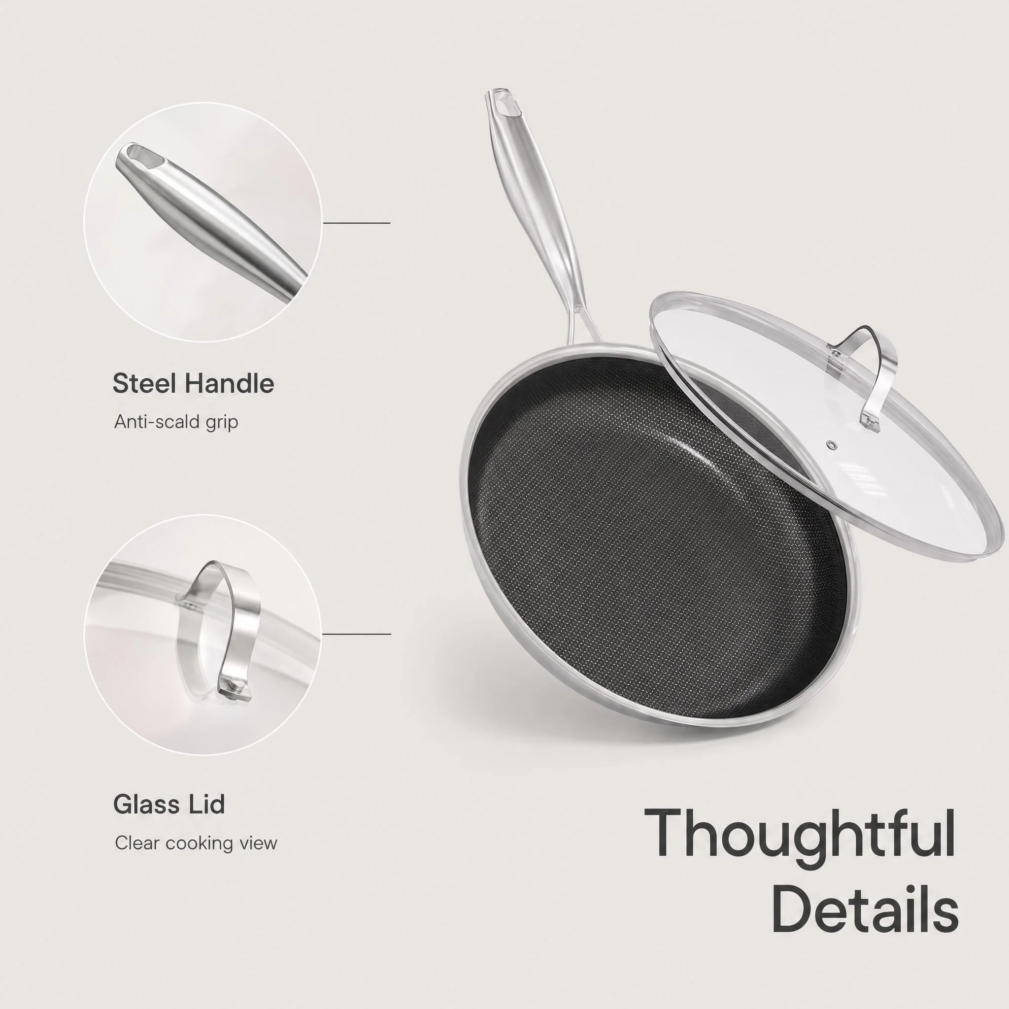 26cm 3-Ply Stainless Steel Nonstick Frying Pan with Lid for All Stovetops - Image 5