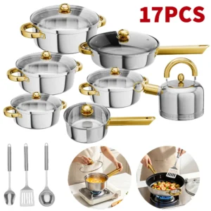 14/17PCS Stainless Steel Cookware Set with Lids, Pots & Nonstick Frying Pans for All Stoves