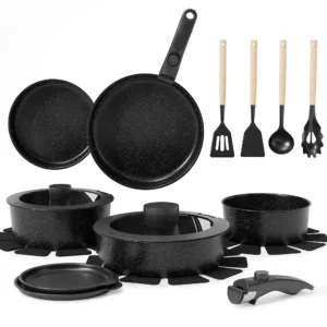 19 Piece Detachable Handle Ceramic Non Stick Pots And Pans Set, Induction Cookware, Frying Pans, Saucepans, Lids, Space Saving Kitchen Set