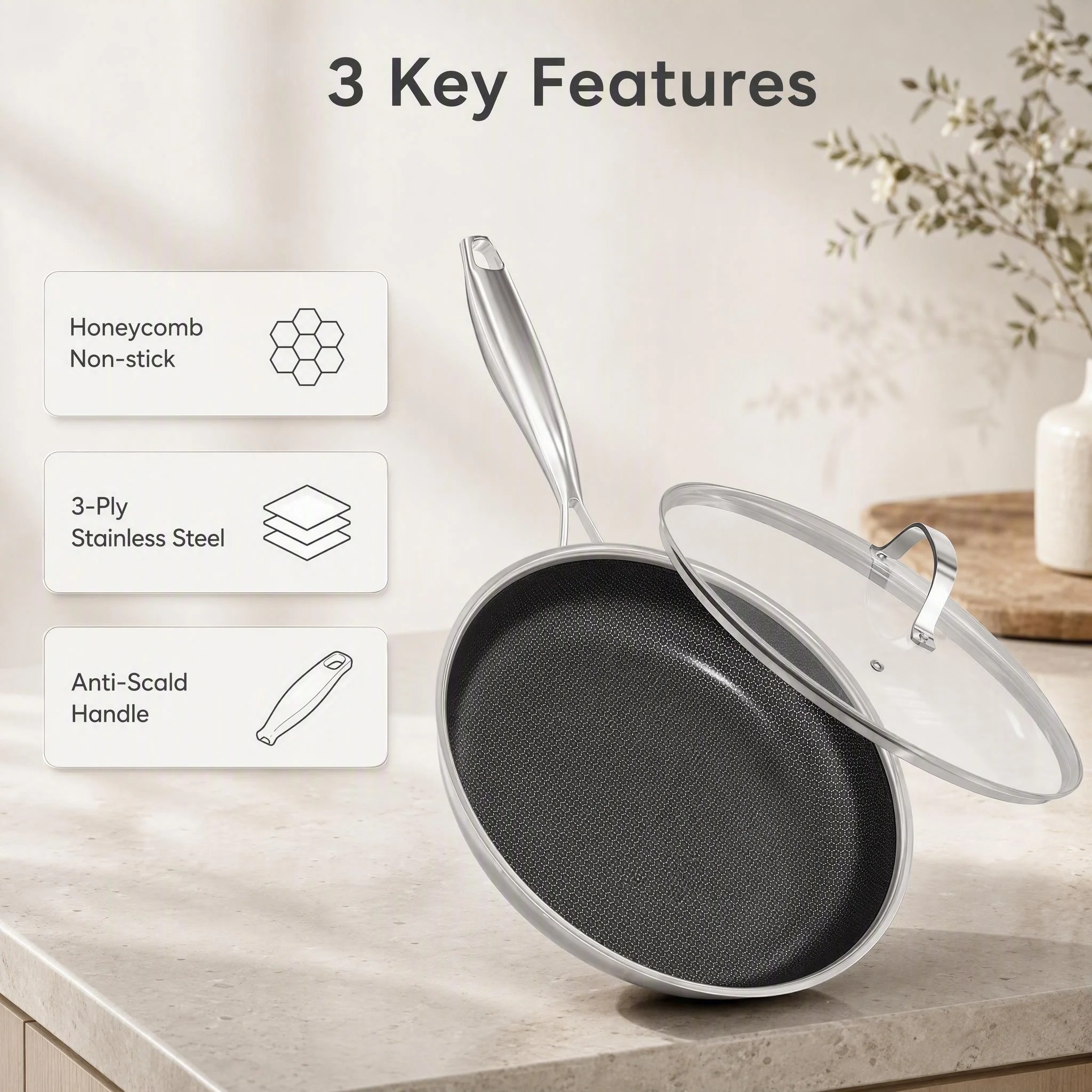 26cm 3-Ply Stainless Steel Nonstick Frying Pan with Lid for All Stovetops - Image 4