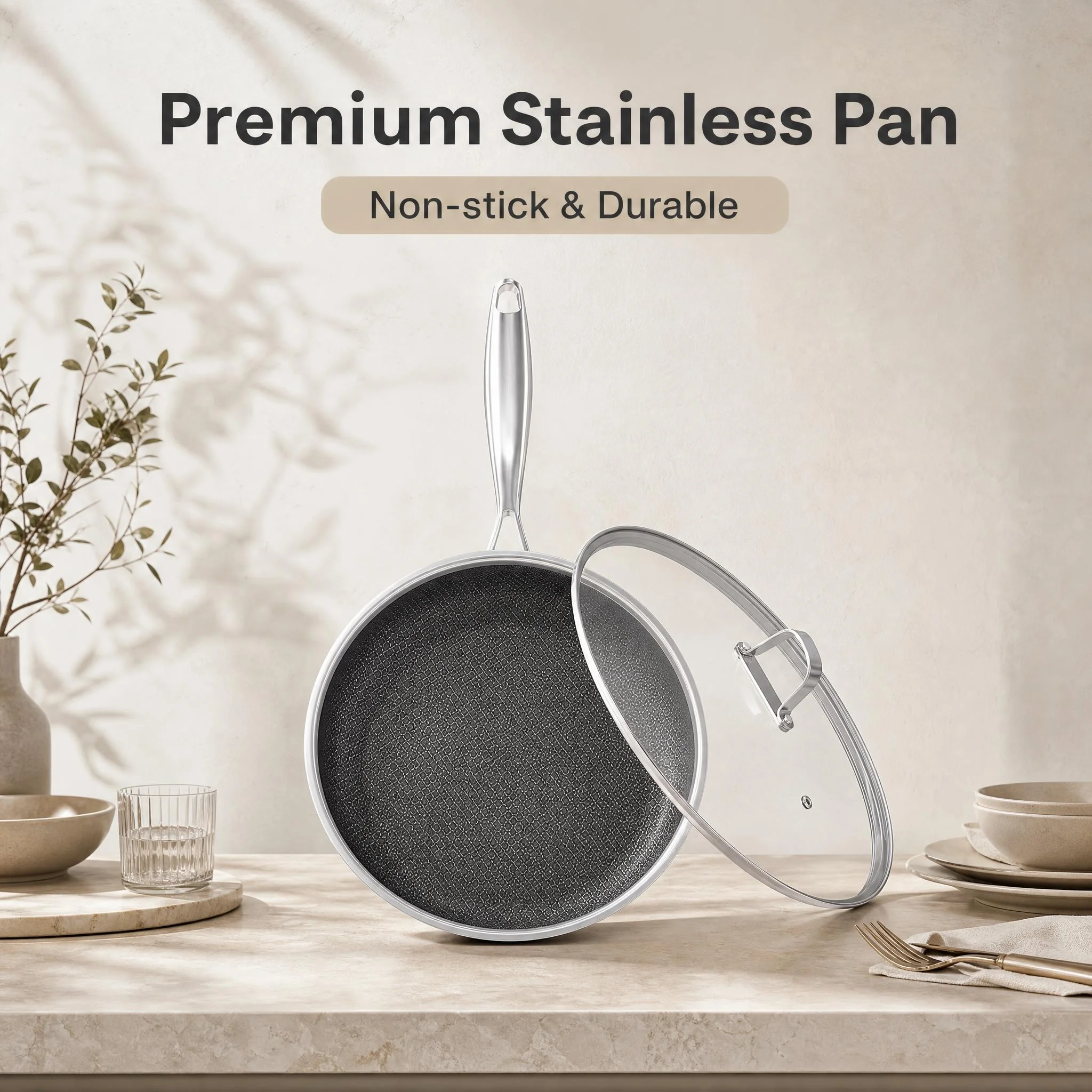 26cm 3-Ply Stainless Steel Nonstick Frying Pan with Lid for All Stovetops - Image 6