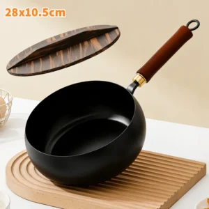 28cm Cast Iron Wok Frying Pan with Wooden Handle & Lid for All Stoves