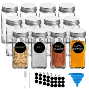 12/24/36x Spice Jars Square Glass Airtight Spice Bottles Shaker + Alu Lids & Labels
