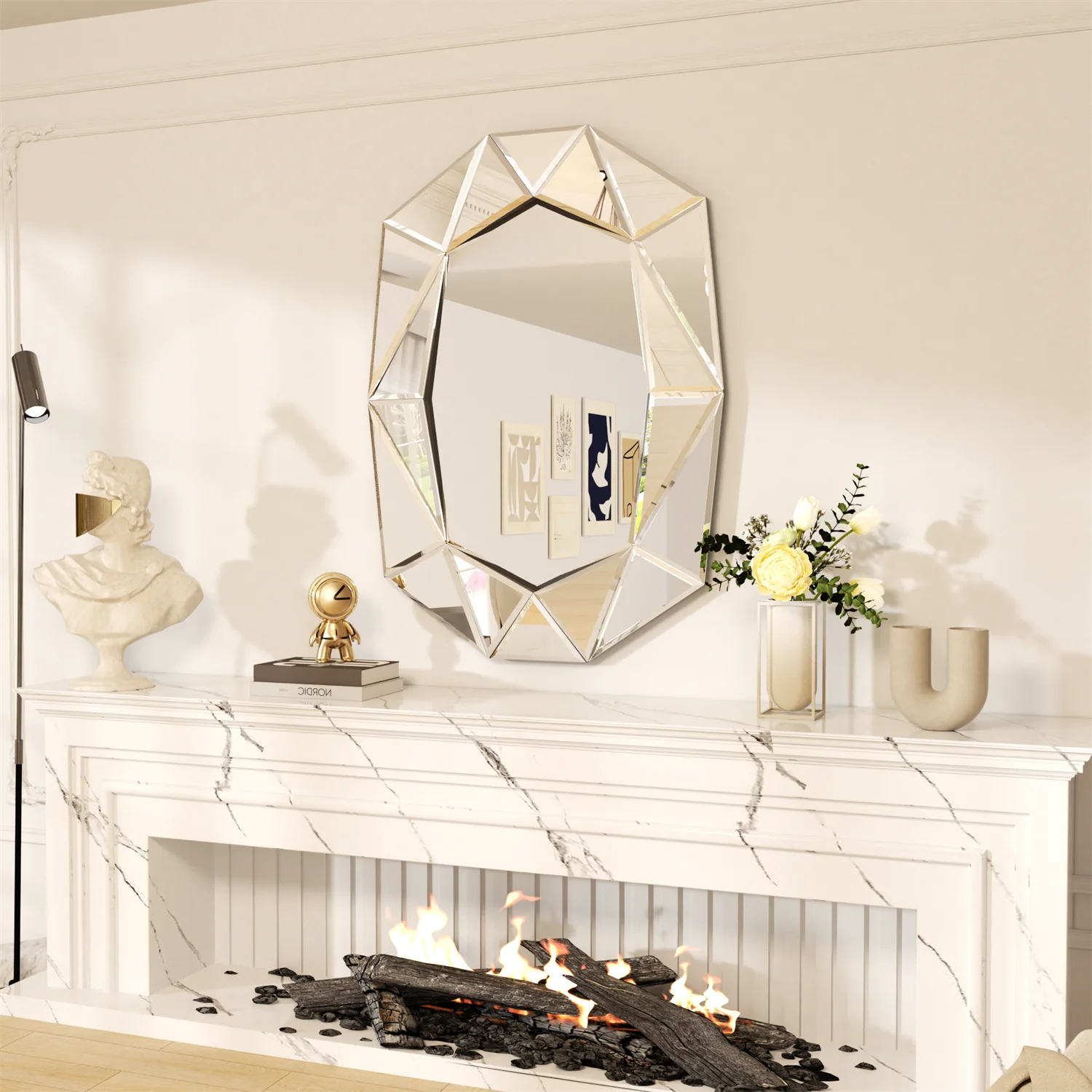 100cm Asymmetrical Decorative Wall Mirror, Glass Inlay Accent for Living Room & Bedroom