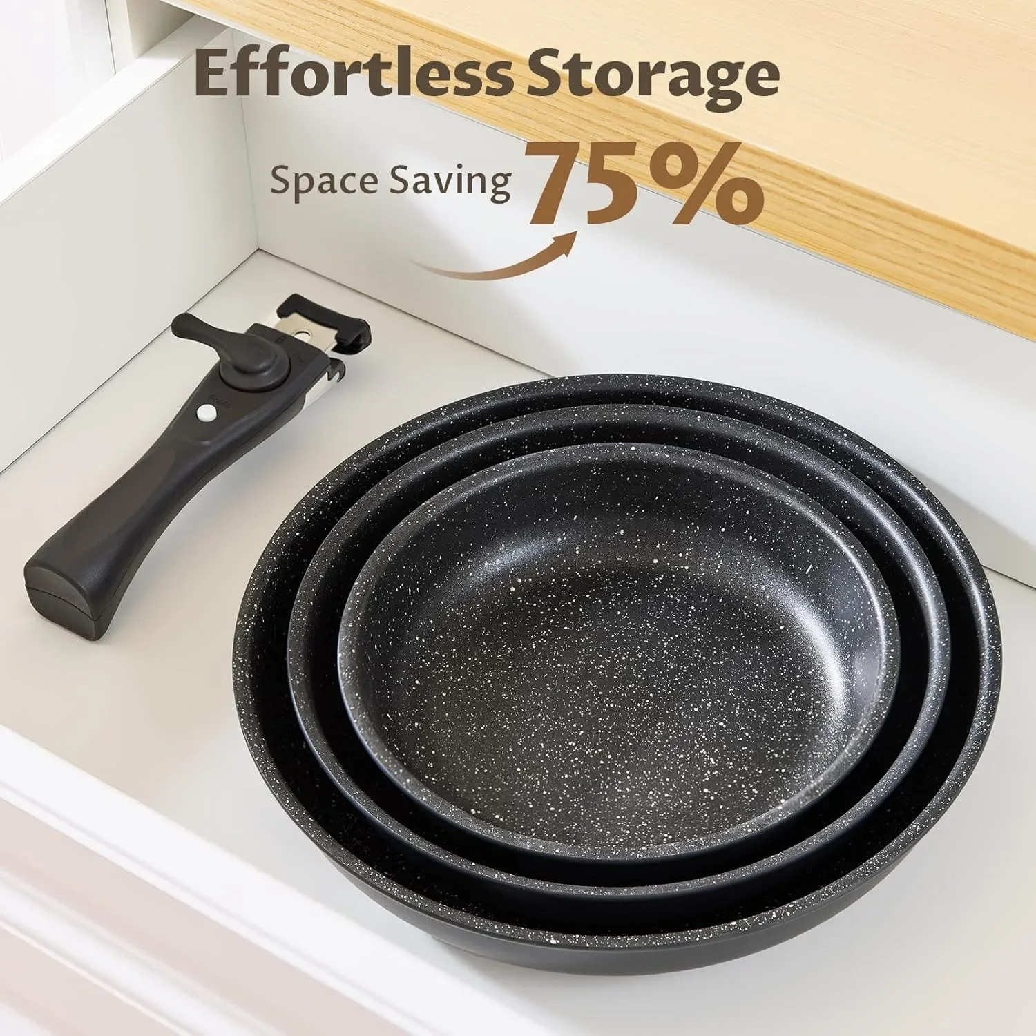 4-Piece Non-Stick Frying Pan Set with Detachable Handle, Black Cookware Set
