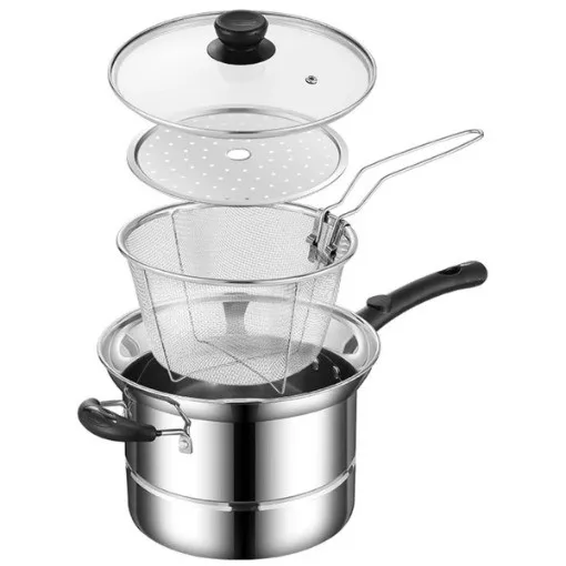 4PCS Nonstick Deep Fryer Chip Pan Set with Frying Basket & Lid - Image 4