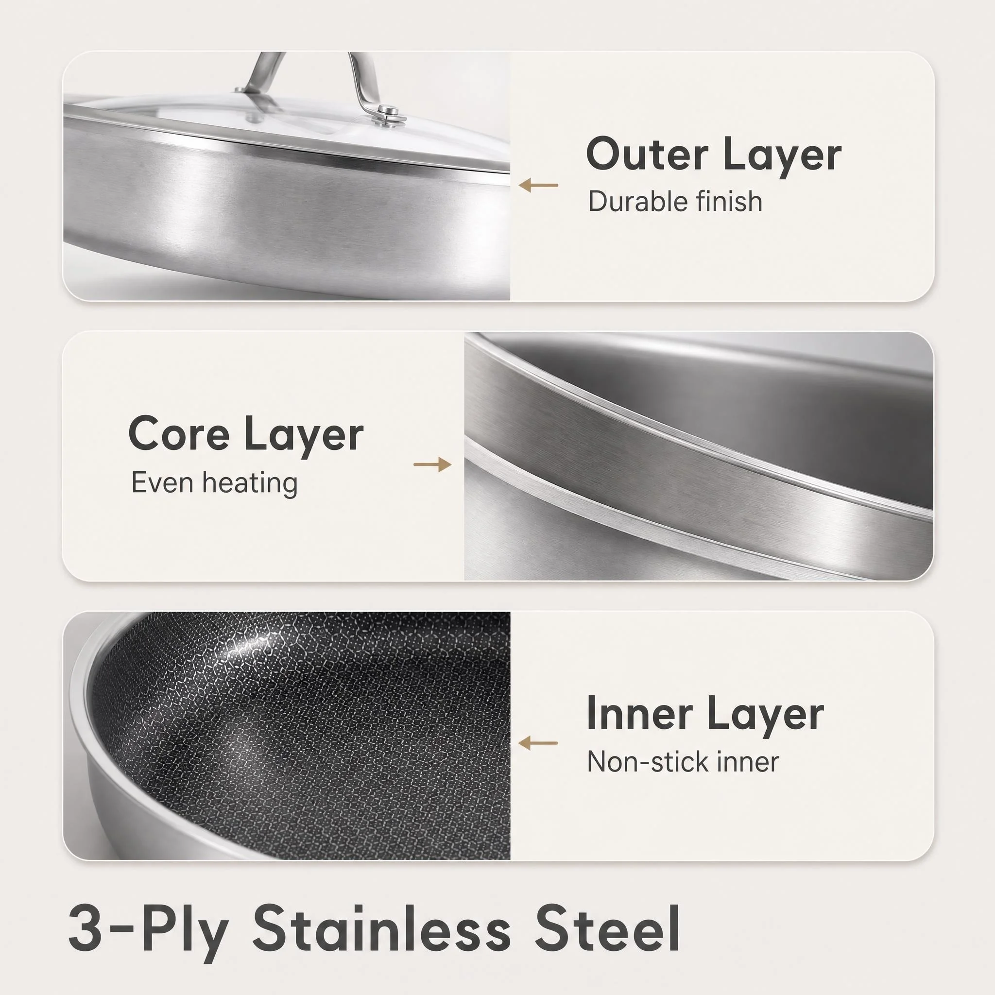 26cm 3-Ply Stainless Steel Nonstick Frying Pan with Lid for All Stovetops - Image 3