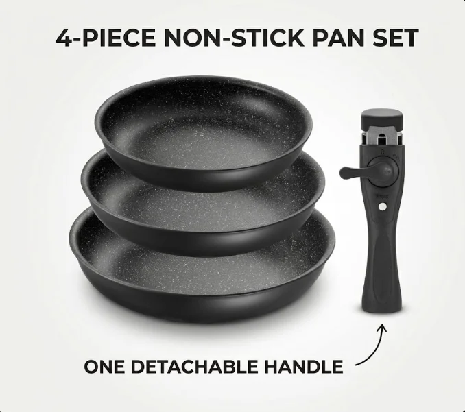 4-Piece Non-Stick Frying Pan Set with Detachable Handle, Black Cookware Set - Image 5