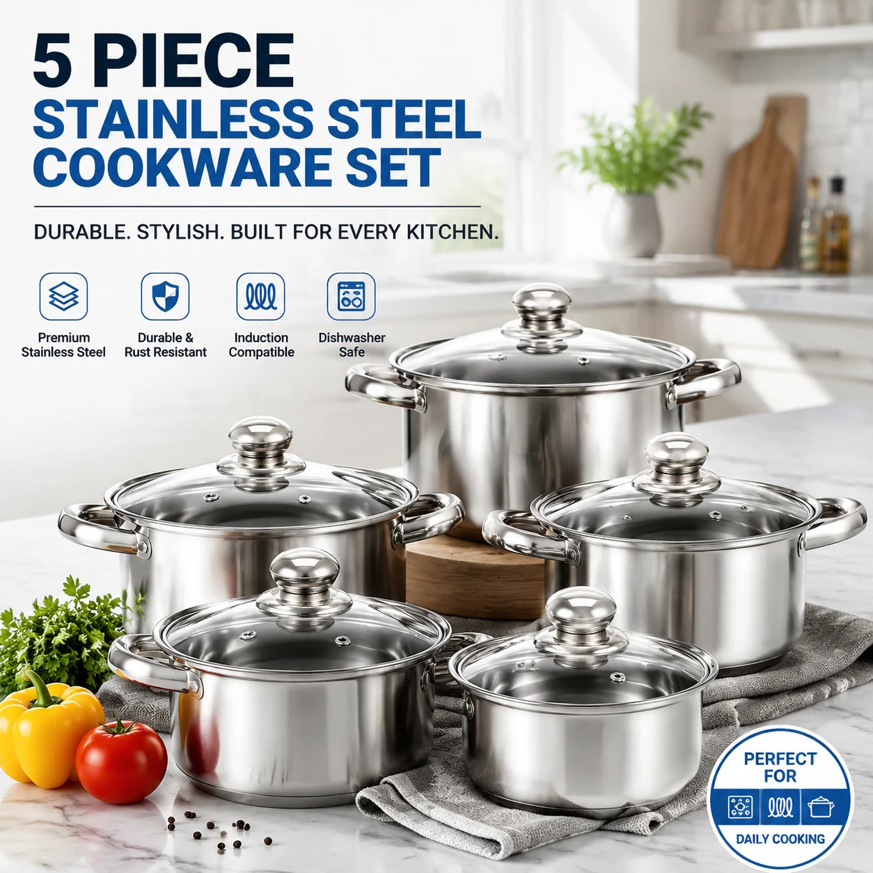 5PCS Stainless Steel Cookware Pots & Pans Set with Glass Lids for Induction - Image 4