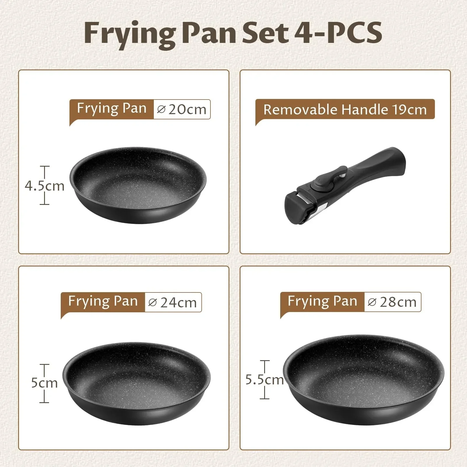 4-Piece Non-Stick Frying Pan Set with Detachable Handle, Black Cookware Set - Image 3