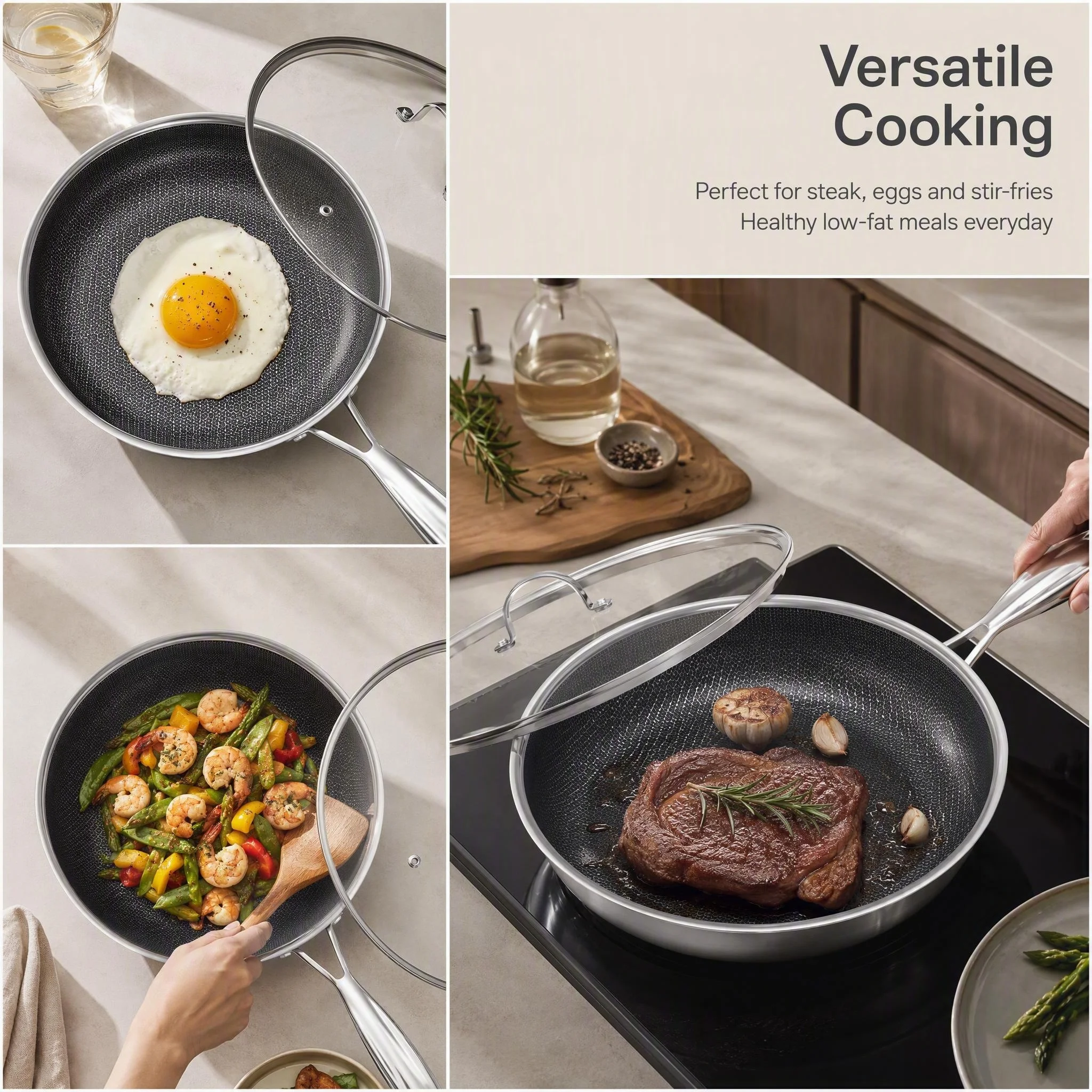 26cm 3-Ply Stainless Steel Nonstick Frying Pan with Lid for All Stovetops - Image 2