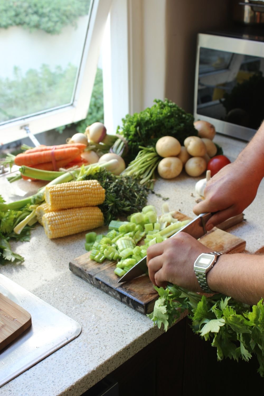 Chopping vegetables with a chef knife